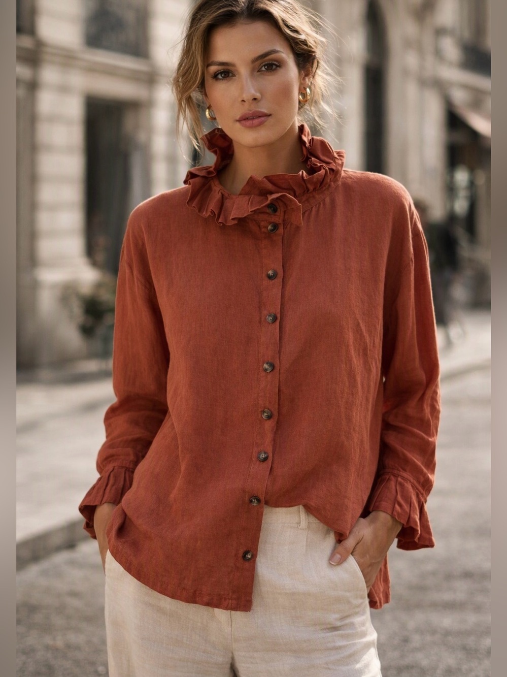 Linen Blouse Long Sleeve Ruffled Collar Pleated Sleeve Cuffs Boho Scandi Lux XL